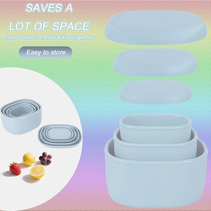 Reusable Nesting Silicone Food Storage Containers, Set of 3 Lunch Box Bento with Lids, Airtight Snack Container, BPA Free, Dishwasher Microwave Oven Freezer Safe (6.7oz, 10oz, 20oz) (Light Blue)