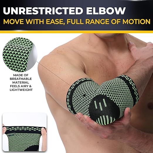 NeoTech Care Elbow Support Brace - Breathable - Men, Women, Right or Left (Green Color, Size L, 1 Pair)