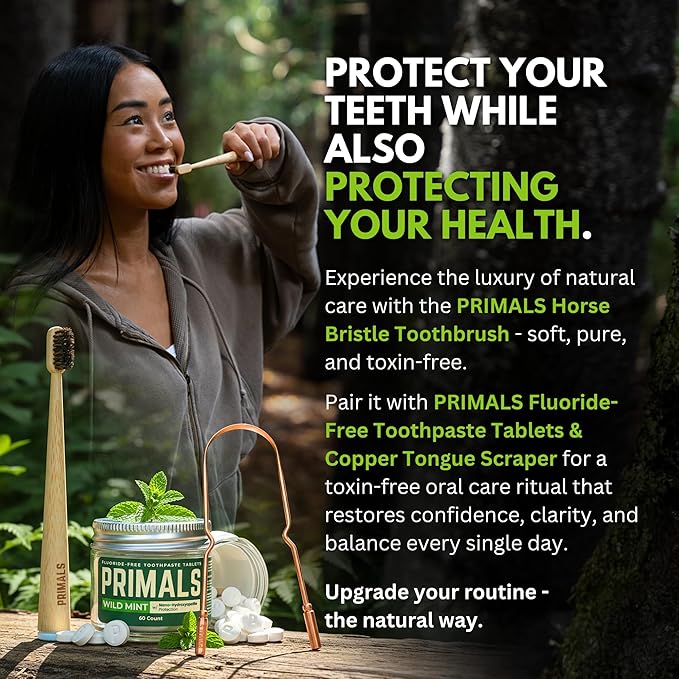 PRIMALS Horse Bristle & Bamboo Toothbrush (4-Pack) - Luxurious & Soft Horse Bristles - Fully Biodegradable - Plastic & Nylon Free - Quick Dry Design