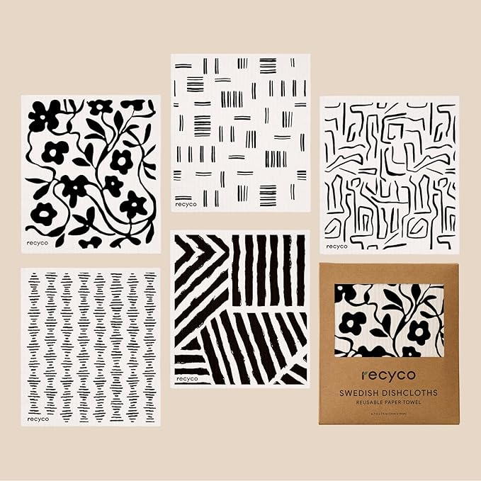 RECYCO Swedish Dishcloths for Kitchen | 5 Pack Black & White Geo Washable Dish Rags | Cellulose Reusable Cleaning Paper Towels | Absorbent Counter Dish Cloth Sponge Kitchen Wipes, 8" L x 7" W