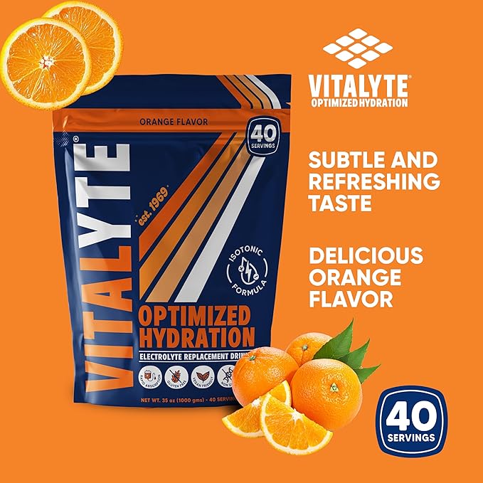 Vitalyte Electrolyte Powder Drink Mix, Isotonic Electrolyte Hydration Mix, Gluten Free Post Workout Powder Mix, Pack of 2, 35 oz. Each, Orange Flavor