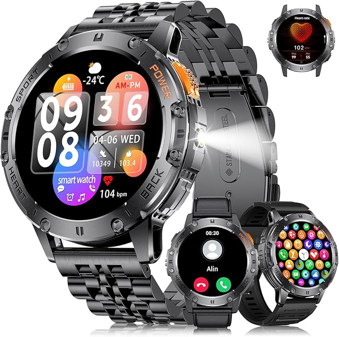 Smart Watch for Men for Android/iOS(3 Bands),1.43’’ AMOLED Display Sport Watch with 123 Sport Modes/FlashLight,5ATM Waterproof Fitness Tracker with Blood Pressure/Heart Rate/Sleep Monitor,Metal