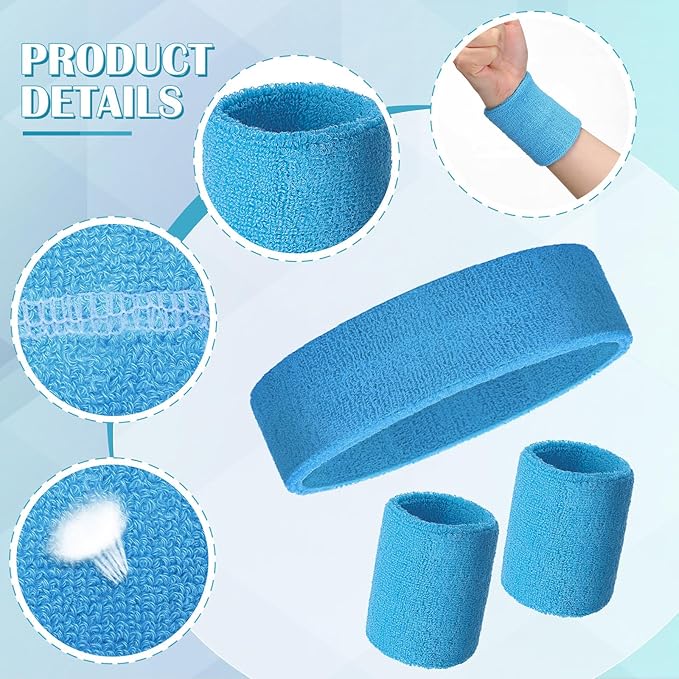 24 Pieces 80s Neon Sweatbands Set, Include 8 Sports Headbands and 16 Sweat Wristbands Elastic Athletic Tennis Sweat Bands Bulk for Man Woman