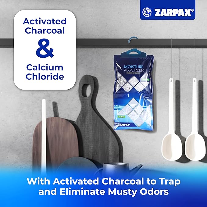 Hanging Moisture Absorber Activated Charcoal 10.6 oz/300g | Moisture Absorbing Bags for Bathroom, Closet & Kitchen | Removes Moisture, Humidity & Odors | Portable Dehumidifier | Set Of 10