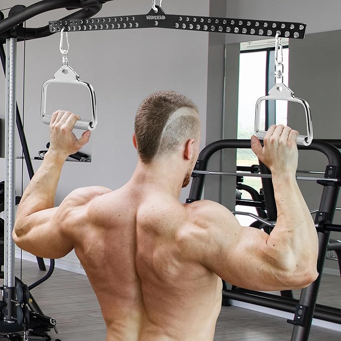 Multi-Grip LAT Pull Down Bar Hardened Powder-Coated Finish, 360° Rotating Stainless Steel Adapter, Neutral & Wide Grip Spreader Bar for Pulley System Gym & Cable Machines