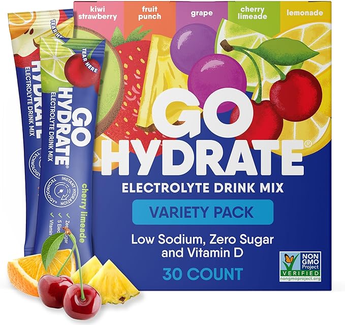 GoHydrate Low Sodium Electrolytes Powder Packets Sugar Free - Instant Hydration Daily Drink Mix - Zero Sugar Water Flavor Packet Singles with Vitamin D - (Variety Pack, 30 Packs)