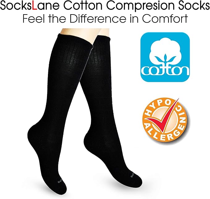 Cotton Compression Socks for Women & Men. 15-20 mmHg Support Knee-High Black Stripes X/L