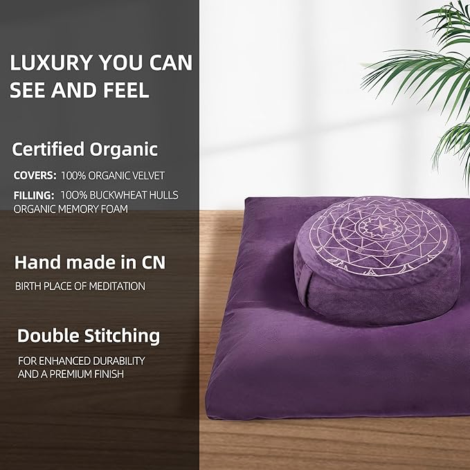 Zafu & Zabuton Meditation Cushion Set - Buckwheat Hull & Memory Foam Pillows, Ergonomic Support for Yoga, Mindfulness - Organic Velvet Cover, Large Size, Durable Comfort (Purple)