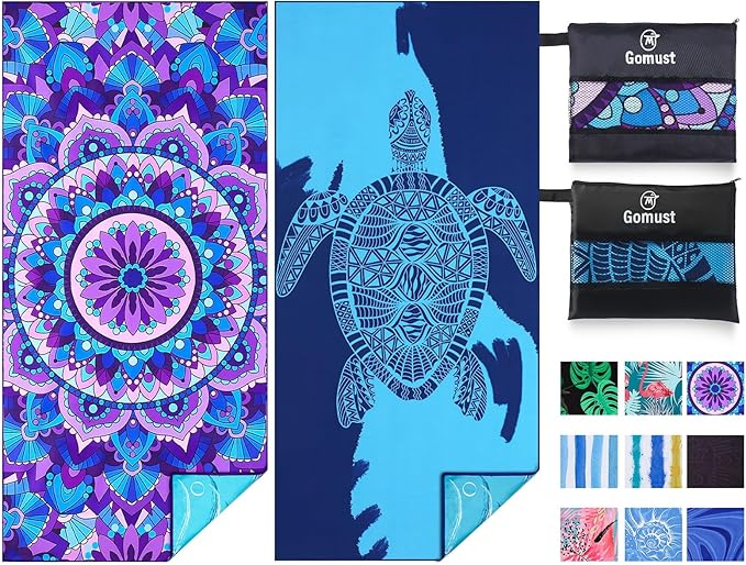 2 Pack Lightweight Thin Beach Towel Oversized 71"x32" Big Extra Large Microfiber Sand Free Towels for Adult Quick Dry Travel Camping Beach Accessories Vacation Essential Gift Blue Sea Turtle Mandala
