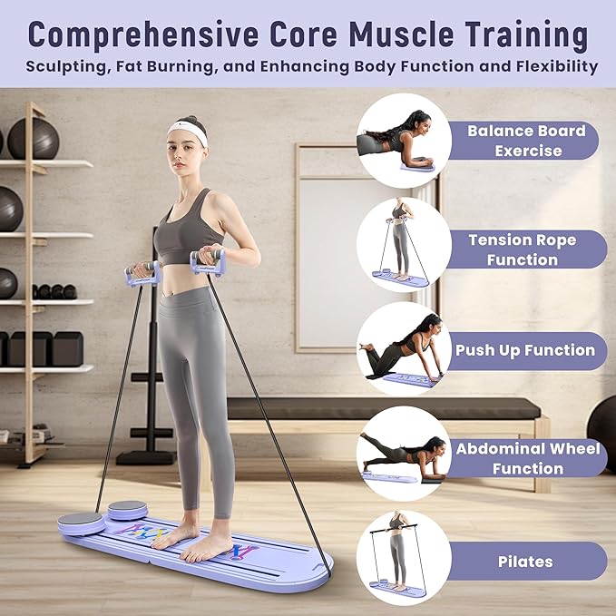 Pilates Board Reformer Set 15-in-1, Foldable Ab Core Trainer for Home Workout, Portable Multifunctional Pilates Machine for Women & Men, Full-Body Exercise Equipment with Ab Roller