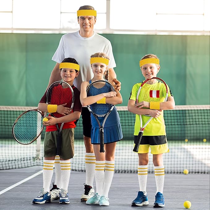 ONUPGO 5 Pieces Sweatbands Striped Socks Set Sports Headband Wristbands High Tube Socks 80s Accessories Costumes