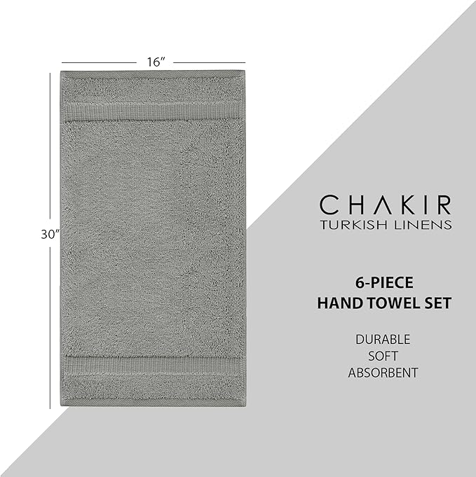 Chakir Turkish Linens | Hotel & Spa Quality 100% Cotton Premium Turkish Towels | Soft & Absorbent (6-Piece Hand Towels, Gray)