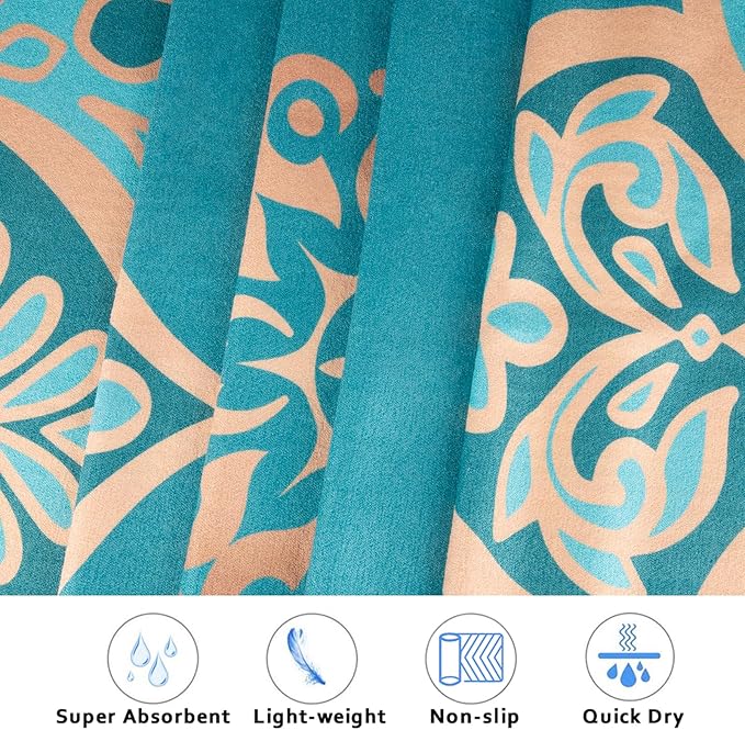 Colorful Star Yoga Towel with Corner Pockets, Non Slip Grip Dots Sweat Absorbent Hot Yoga Mat Towels, Yoga Blankets with Travel Bag, Mat Cover for Workout, Gym, Fitness - 70"x26", Turquoise Mandala