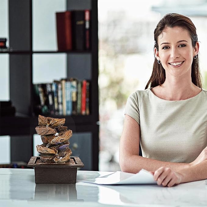 Father'sDen Collection 11-inch Waterfall Fountain Indoor - Tabletop Water Fountain - Indoor Fountains and Waterfalls with Soothing Sounds & In-Pot LED Light Enhancement