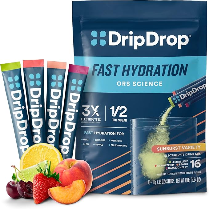 DripDrop Hydration Packets - Sunburst Variety Pack - Single Serve Electrolytes Powder Drink Mix - Lemon Lime, Strawberry, Peach, Black Cherry - Non-GMO, Gluten Free, Vegan - 16 Sticks