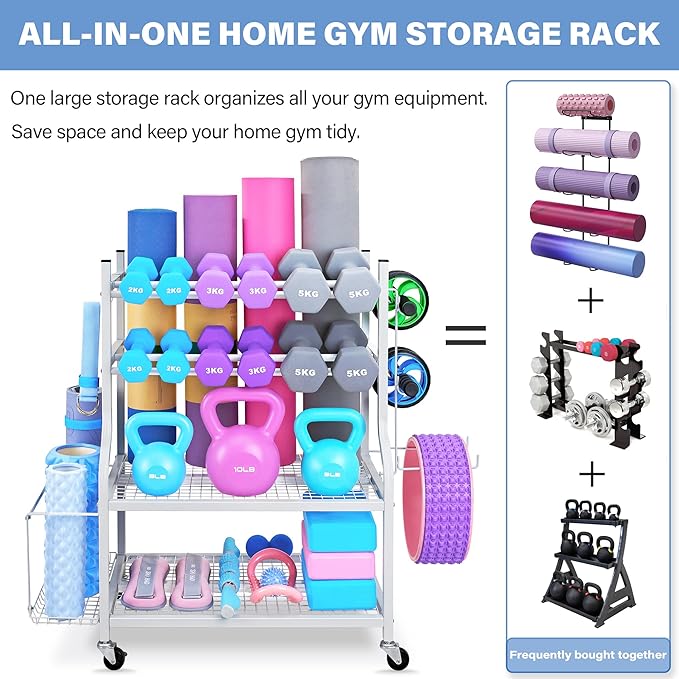 Dumbbell Rack, Yoga Mat Storage Rack - Weight Rack for Dumbbells, Home Gym Storage Rack for Yoga Mat, Dumbbells and Kettlebells, All in One Workout Equipment Storage with Caster Wheels