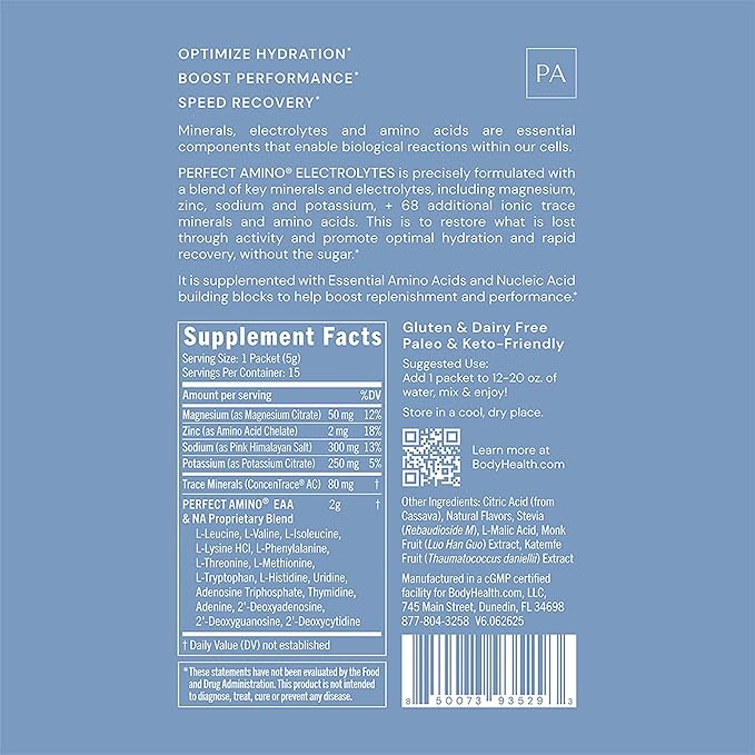 BodyHealth PerfectAmino Electrolyte Drink Mix – Mixed Berry – No Sugar, Keto & Fasting Friendly, Hydration with Trace Minerals – Stick Packs