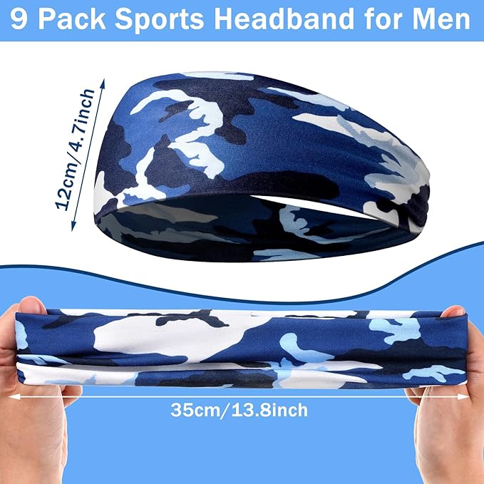 9 pcs Sweatbands for Men Workout Sport Headbands for Men Camo Headband Sweat Absorbing Headband Wide Sweatband for Head Basketball Football Cycling Running Yoga, 4.7 x 9.8 Inch
