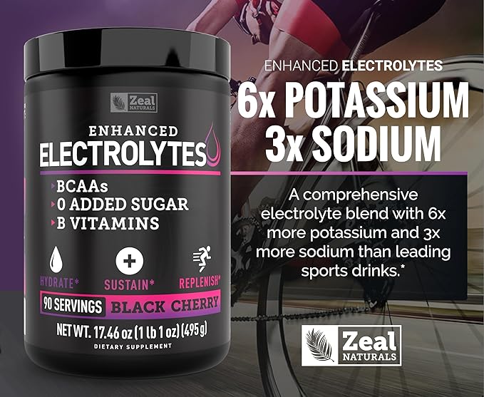 Zeal Naturals Electrolyte Powder Recovery Drink (90 Servings | Black Cherry) w/ 0 Sugar +BCAAs +B-Vitamins Electrolyte Supplement w Potassium Zinc & Magnesium for Hydration - Keto Electrolytes
