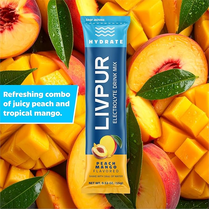 LivPur Electrolyte Drink Mix, Instant Hydration Powder with Vitamin C, B6, B12 & Essential Amino Acids for Muscle Support & Immune Health, Sports Essentials, Peach Mango Flavor, 15 Stick Packs