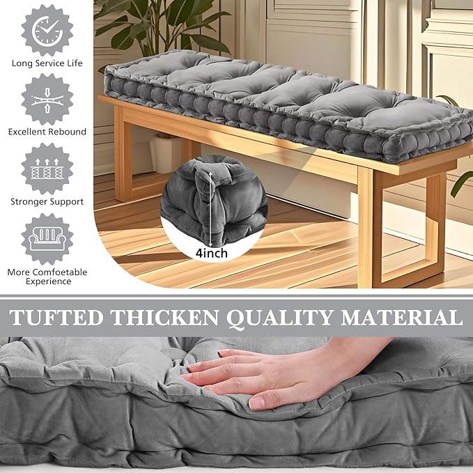 Bench Cushions for Indoor Furniture 42x16 in Velvet Kitchen Dining Piano Window Seat Cushion, Tufted Patio Porch Swing Thicken Bench Pad Memory Foam(Gray)
