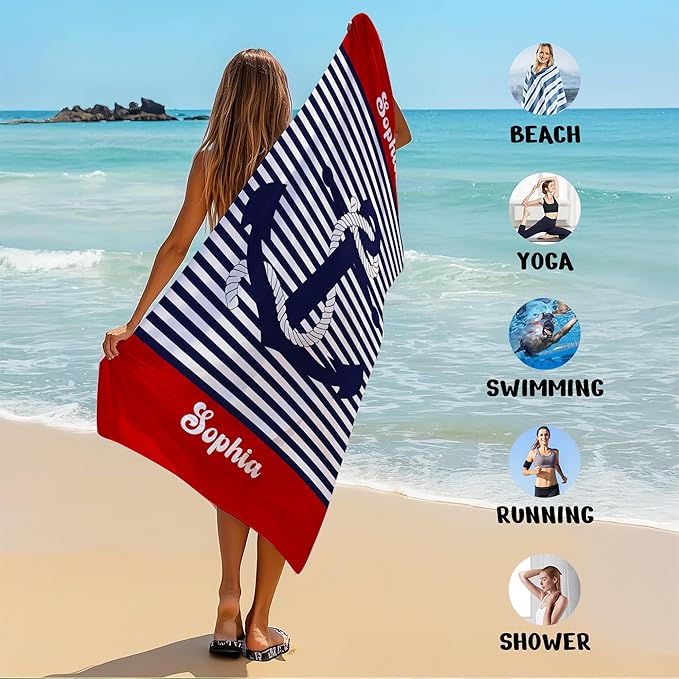 JML Personalized Beach Towel with Name, Custom Anchor Beach Towel, Customized Microfiber Pool Towel, Quick Dry & Absorbent Swim Towel for Adult,Anniversary, Birthday, Summer Holiday,Vacation