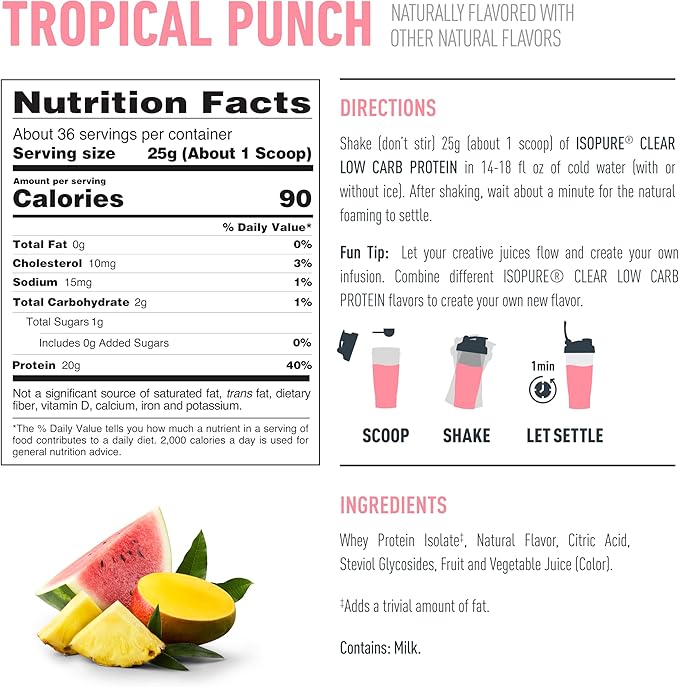 Isopure 100% Pure Whey Isolate Protein Powder Infusions, Lactose Free, Gluten Free, Naturally Flavored, Tropical Punch, 20g Protein Per Serving, 1.9 Lbs, 36 Servings
