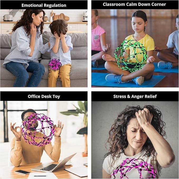 4E's Novelty 3 Pack Expandable Breathing Ball Sphere Toy - Expanding Stress Relief Breathing Ball Toys for Kids & Adults - for Anxiety, Yoga, Deep Breathing, ADHD - Neon Blue, Pink, & Green