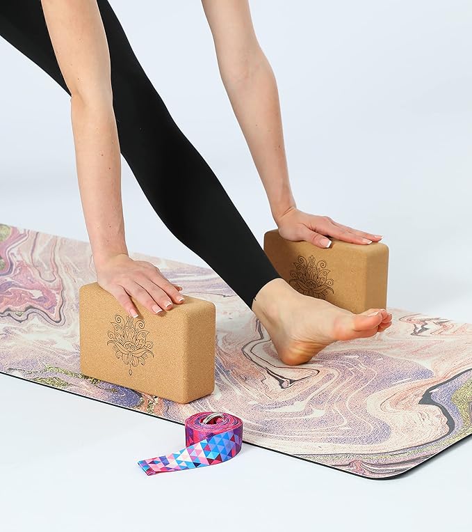 Aozora Cork Yoga Block Sustainable & Eco Friendly 2 Pack and Yoga Strap Set Made of The Finest Natural Cork for Better Support, Balance & Comfort