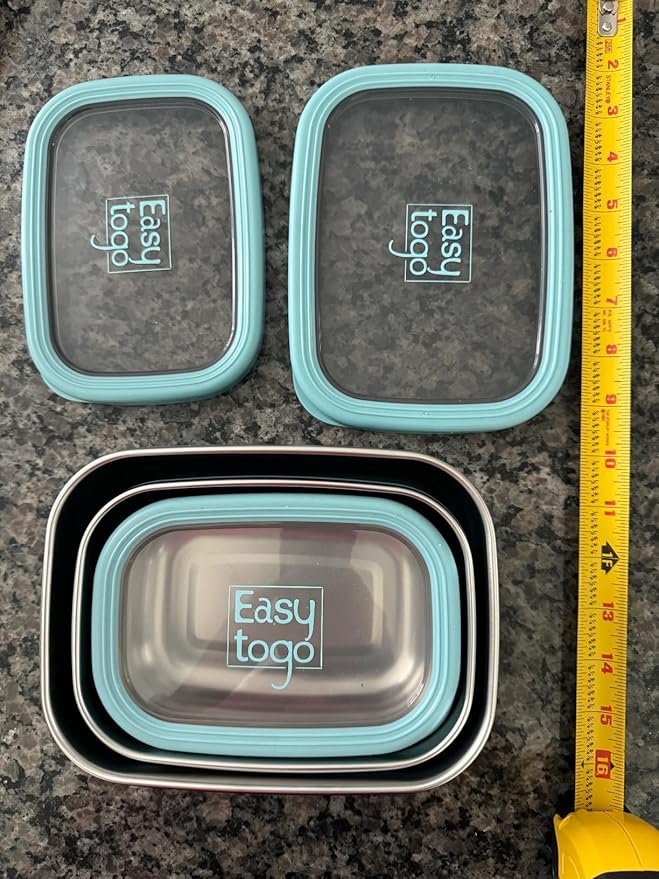 3 Pack Stainless Steel Food Containers with Silicon Lid & Non-Slip Exterior, LeakProof, Airtight Rectangular Portion Control Storage Lunch Box, Togo Lunch Containers for Adults - Blue