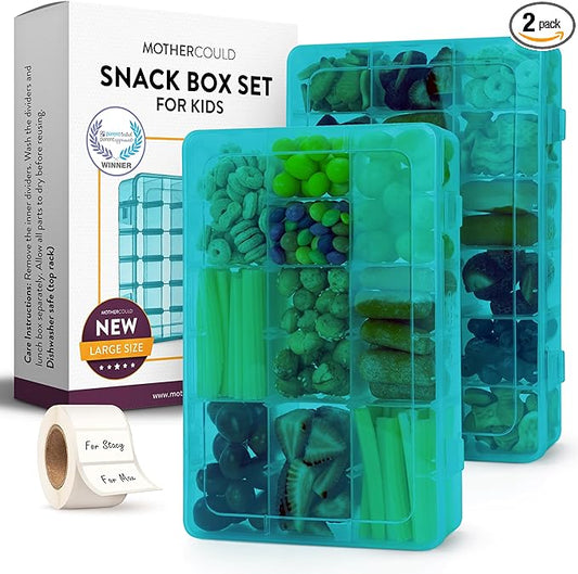 Large Kids Snack Box Containers Set of 2 -100 Labels, BPA-Free, Adjustable Compartments, Dishwasher Safe, Reusable Tray, Food Grade, Meal Prep Container, PARENT TESTED PARENT APPROVED AWARD (Blue)