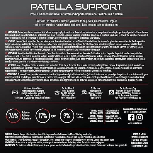 Sleeve Stars Patellar Tendon Support Strap Osgood Schlatter Knee Brace for Youth, Women & Men, Swedish Brand Patella Knee Strap for Arthritis & Pain, Patella Band w/ 3 Lengths (Black)