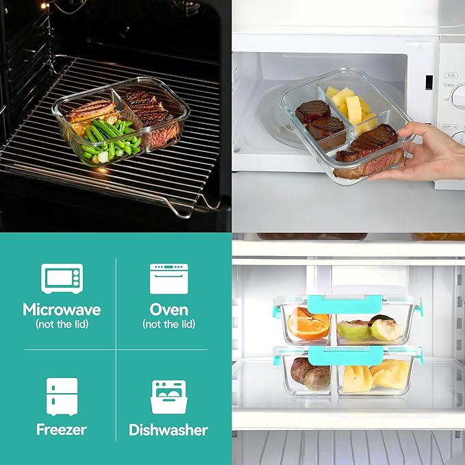 BAYZZ 5 Pack 35 Oz Glass Meal Prep Containers 3 Compartments, Glass Food Storage Containers, Lunch Bento Box with Airtight Lids, Microwave, Freezer & Dishwasher Safe, Green