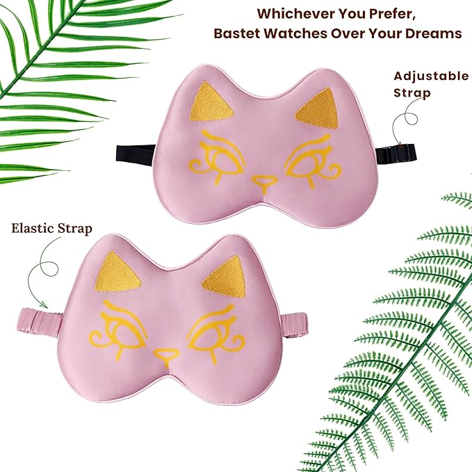 Silk Sleep Mask Blindfold Eye Mask for Sleep Cute Cat Print Embroidered Eye Cover Adjustable Oversized Egyptian Bastet with Gift Box&Pouch(Sekhmet Mauve-Adjustable Strap)