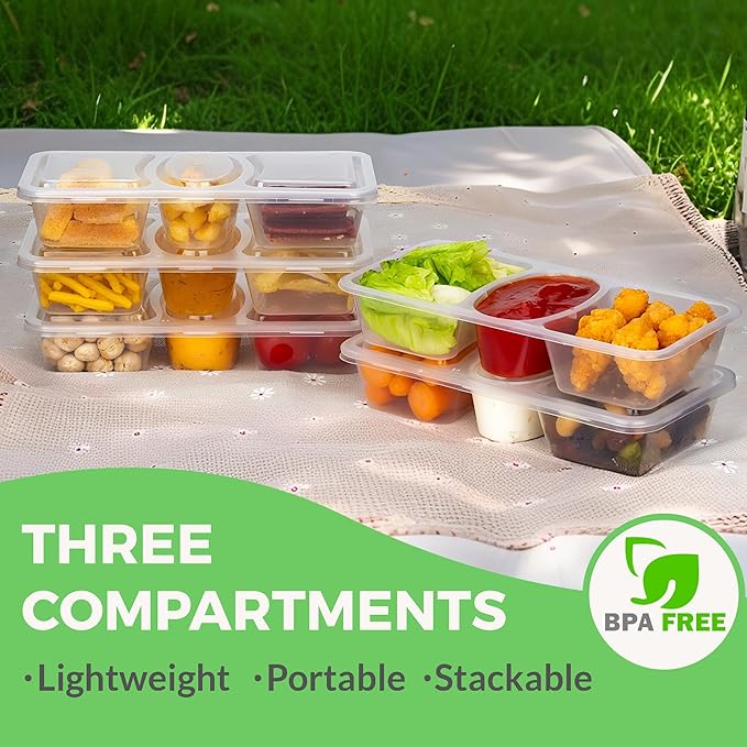 8 OZ Reusable Snack Containers with Lids, New 3 Compartment Condiment Snack Pack Containers 20 Sets