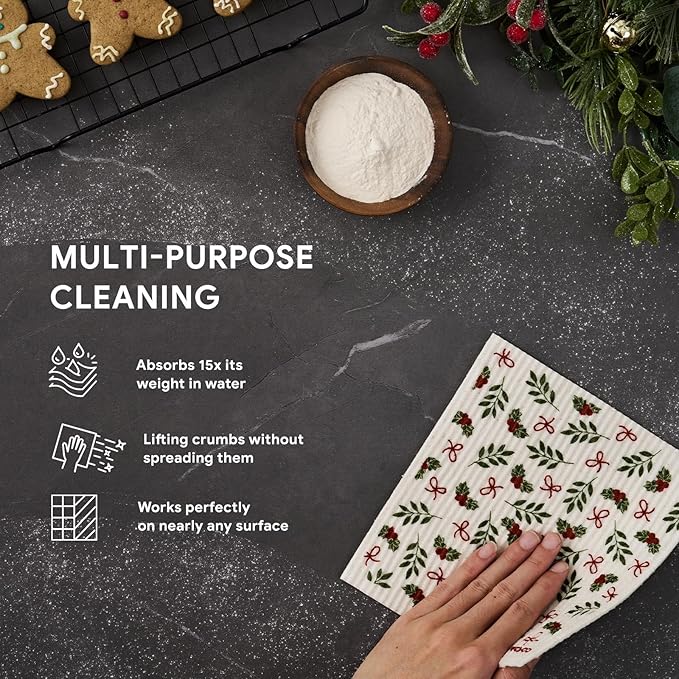 RECYCO 4 Pack Christmas Swedish Dishcloths for Kitchen | Jolly Holiday Washable Dish Towels | Cellulose Reusable Cleaning Paper Towels | Absorbent Counter Dish Cloth Sponge Kitchen Wipes, 7" x 8"