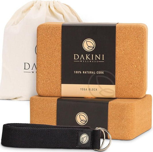 Cork Yoga Blocks 2 Pack with Strap- 9x6x3 Inch Natural Yoga Block Set of 2- Pilates Props and Accessories - High Density Cork Bricks For Exercise