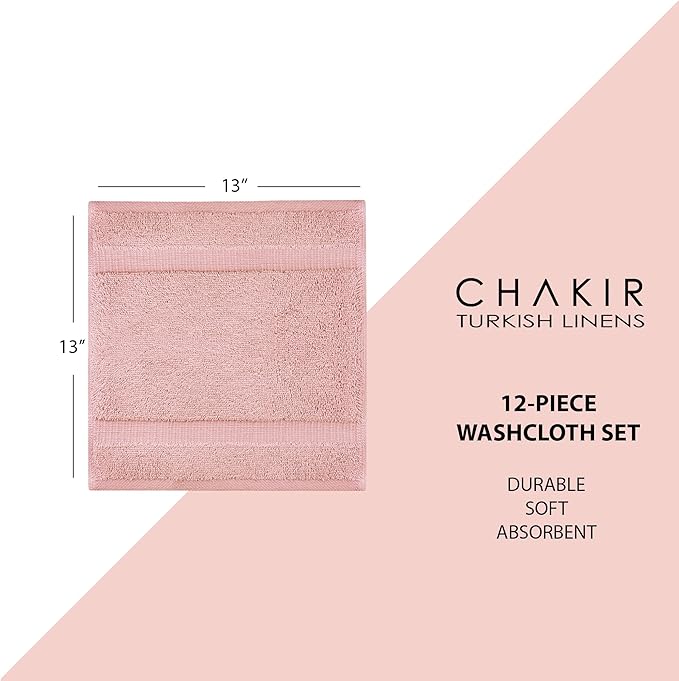 Chakir Turkish Linens | Hotel & Spa Quality 100% Cotton Premium Turkish Towels | Soft & Absorbent (12-Piece Washcloths, Pink)