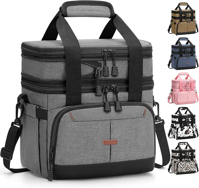 Lunch Box For Men Women Double Deck Insulated Lunch Bag For Men Woman Leakproof Expandable Cooler Bag with Adjustable Shoulder Strap for Work Picnic School(Gray,Medium)
