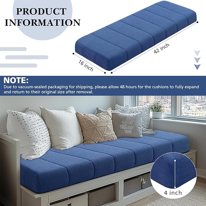 Wenqik Bench Cushion 42x16x4 Inch for Indoor Outdoor Furniture Tufted Thicken Bay Window Seat Cushion Non Slip Waterproof Dining Piano Bench Pad Pillow Anti Cat Scratch for Patio Porch Swing, Blue