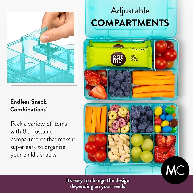 Snack Box Containers Set of 2-Reusable,100 Dissolvable Labels, 8 Adjustable Compartments, Dishwasher Safe, BPA-Free, Meal Prep Container, PARENT TESTED PARENT APPROVED AWARD (2 Pack) (Blue)