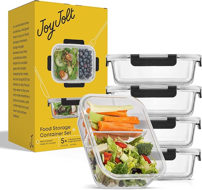 JoyJolt Divided Food Storage Containers with Lids Airtight. 5 Pack Glass Meal Prep Containers 2 Compartment Set Glass Bento Box. Reusable Food Containers, Portion Control Containers for Weight Loss