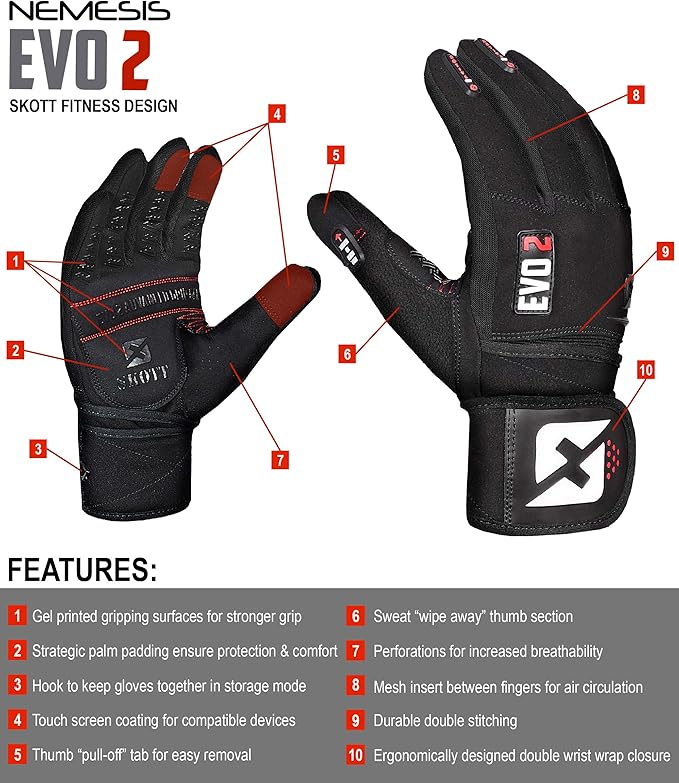 skott Evo 2 Weightlifting Gloves with Integrated Wrist Wrap Support-Double Stitching for Extra Durability-Get Ripped with The Best Body Building Fitness and Exercise Accessories