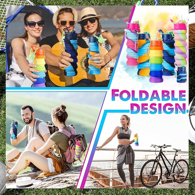 5 Pack Collapsible Water Bottles 17 oz Silicone Portable Lightweight Foldable Water Bottle with Carabiner Leakproof Reusable for Travel Camping Hiking Cycling Sport Outdoor(Rainbow)