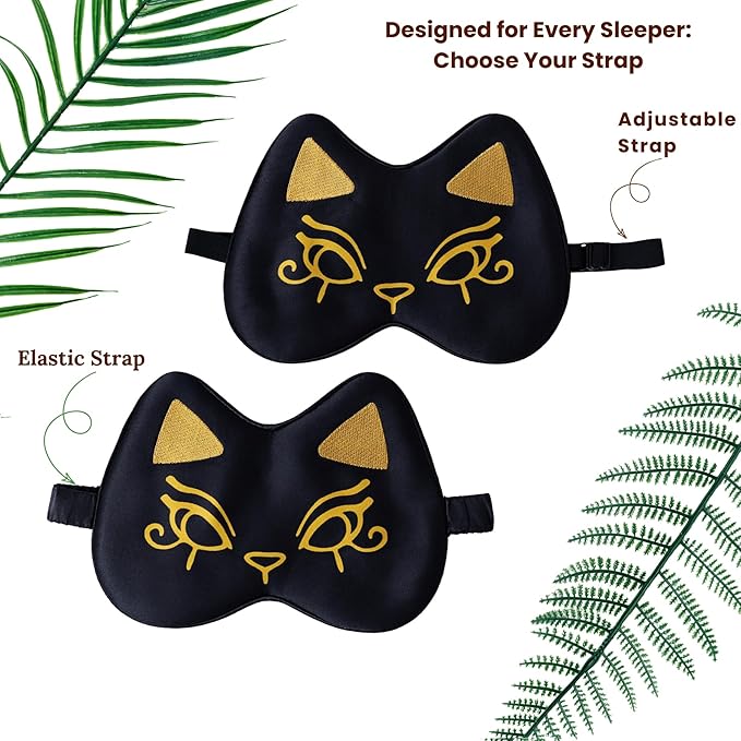 Silk Sleep Mask Blindfold Eye Mask for Sleep Cute Cat Print Embroidered Eye Cover Adjustable Oversized Egyptian Bastet with Gift Box&Pouch(Midnight Bastet-Adjustable Strap)