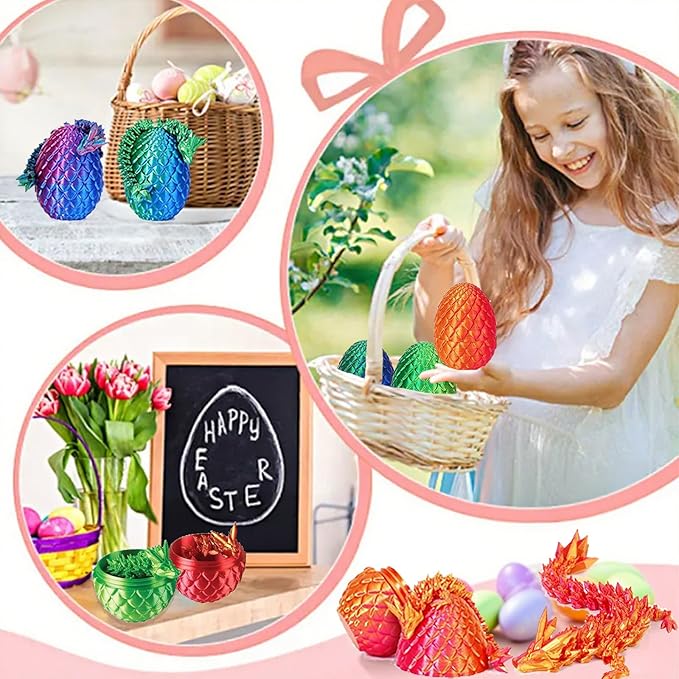 4 Pcs 3D Printed Dragon Egg, 3D Printed Dragon with Egg,Unique 3D Printed Dragon Eggs with 8.7 inch Dragon & 3.35 inch Egg for Flexible Stress Relief Pet Sculpture Easter Basket Filler.