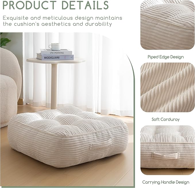 8" Washable Floor Pillow Cushion for Adults, Meditation Cushion Pillow, Large Square Floor Sitting, Removable Tufted Corduroy Cover, for Tatami Living Room or Yoga, 22x22 Inch, 2Pack, Machine Washable