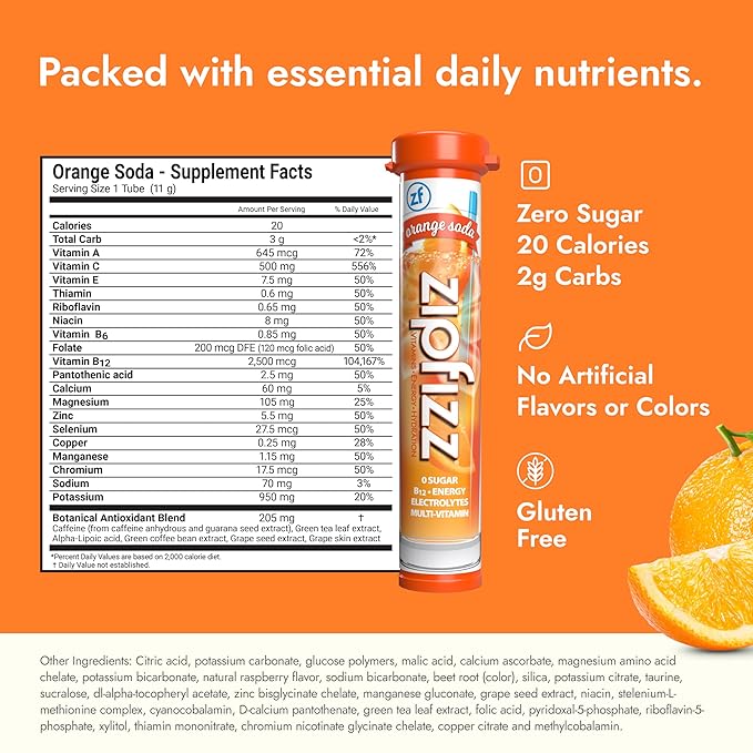 Zipfizz Daily Energy Drink Powder, Orange Soda, 20 Pack | 3-in-1 Sustained Energy, Rapid Hydration, and Essential Vitamins | Sugar-Free | Electrolyte Powder | Contains Vitamin B-12 & Antioxidants