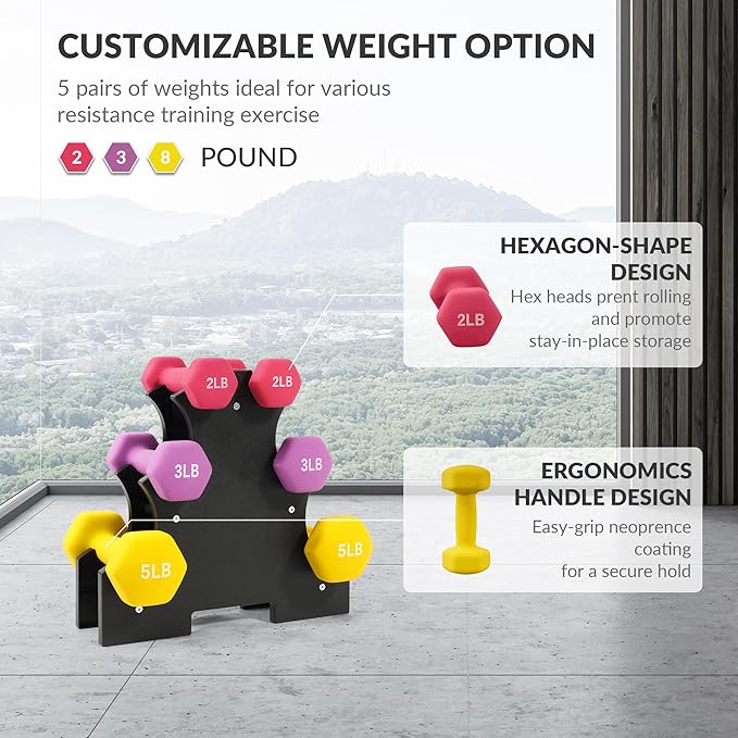Neoprene Dumbbell Set for Women 2-5 lb | 3 Pairs Hand Weights Set with Rack, Hex Anti-Roll, Color-Coded Home Gym Gifts