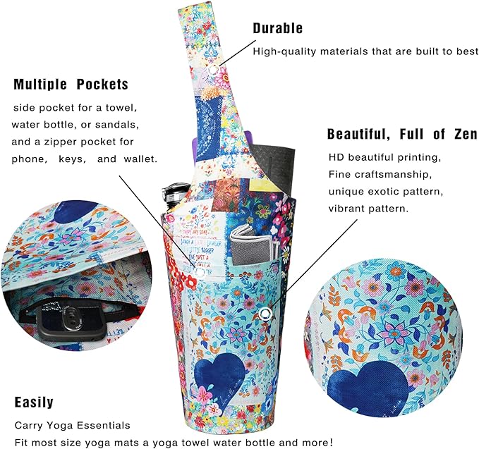 Fashion Printed Yoga Mat Bag with Large Side Pocket & Zipper Pocket Long Tote Yoga Bag Fit Most Size Mats - Holds More Yoga Accessories
